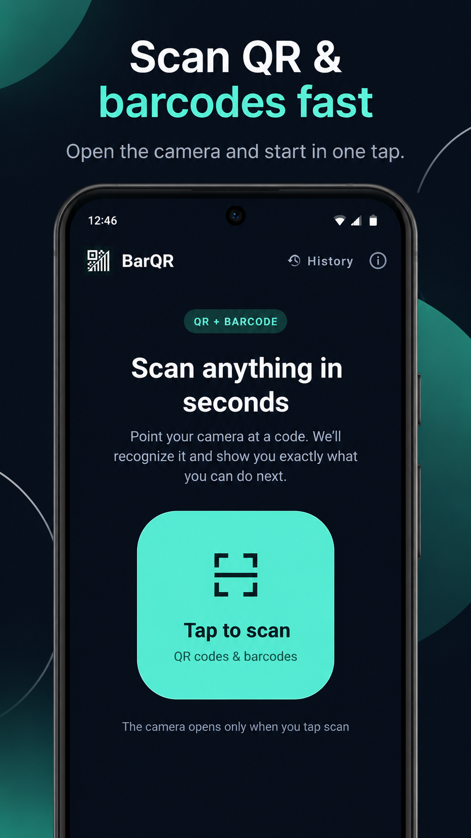 BarQR app screen showing the scan button